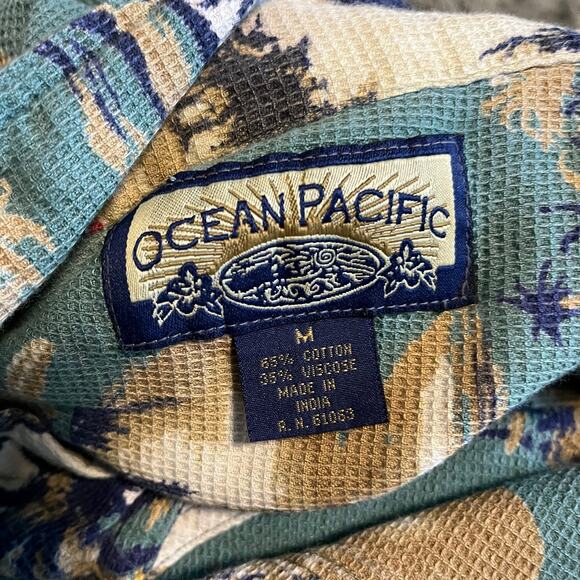 Ocean Pacific Hawaiian Aloha Button Down Tropical Blue Men’s Shirt Medium - Picture 5 of 6